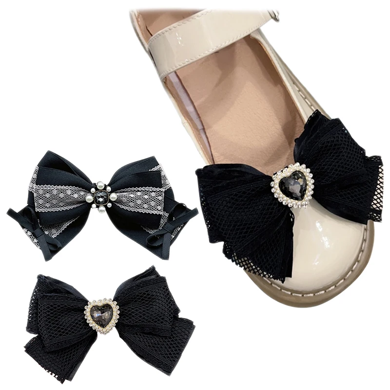 

2 Pcs Black Bow Shoe Clips Elastic Mesh Shoe Embellishment Detachable Pearl Rhinestone Shoe Buckle for Pumps Flats Decoration