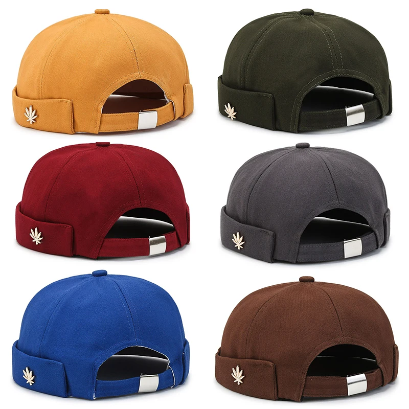 

Men Women Skullcap Sailor Cap Leaf Rivet Embroidery Warm Rolled Cuff Bucket Cap Brimless Hat Solid Color Adjustable Cotton Hats