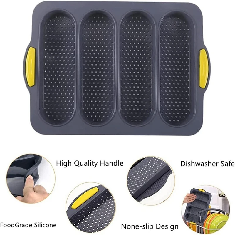 Non-Stick Silicone Bread Mould 4 Cavity Hot Dog Bun Pan Cake Tray Baguette Baking Tool Bread Loaf Silicone Mold Kitchen Bakeware