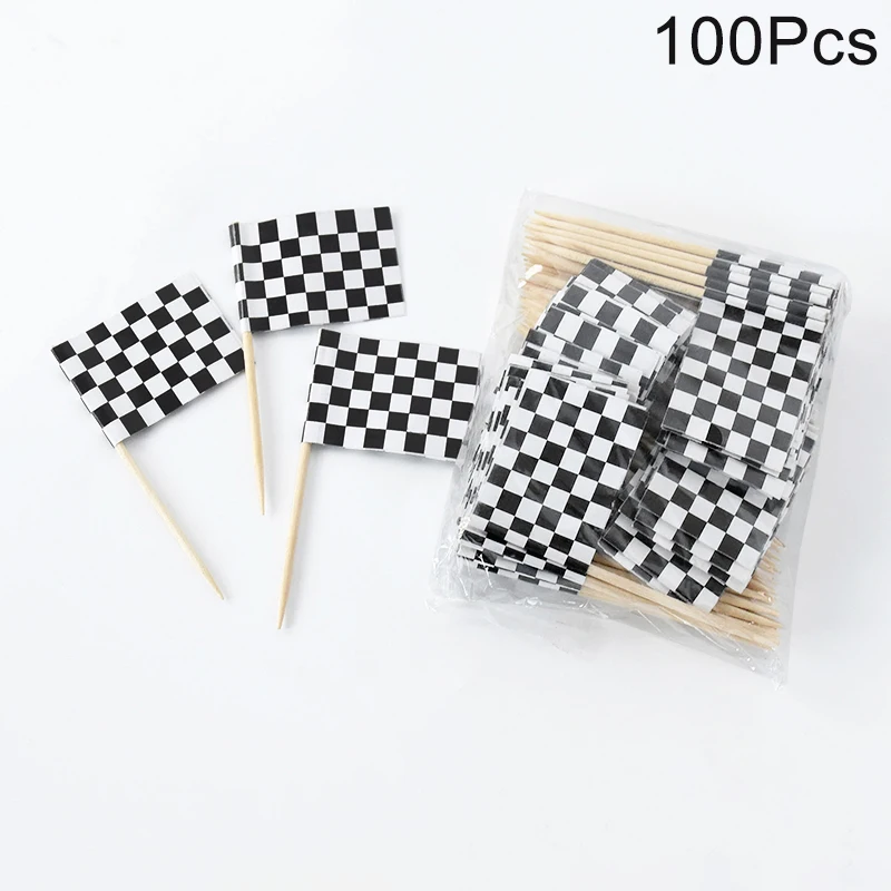 

100Pcs Racing Toothpick Flags Mini Black White Checkered Fruit Cake Topper for Birthday Wedding Party Events Decoration Supplies