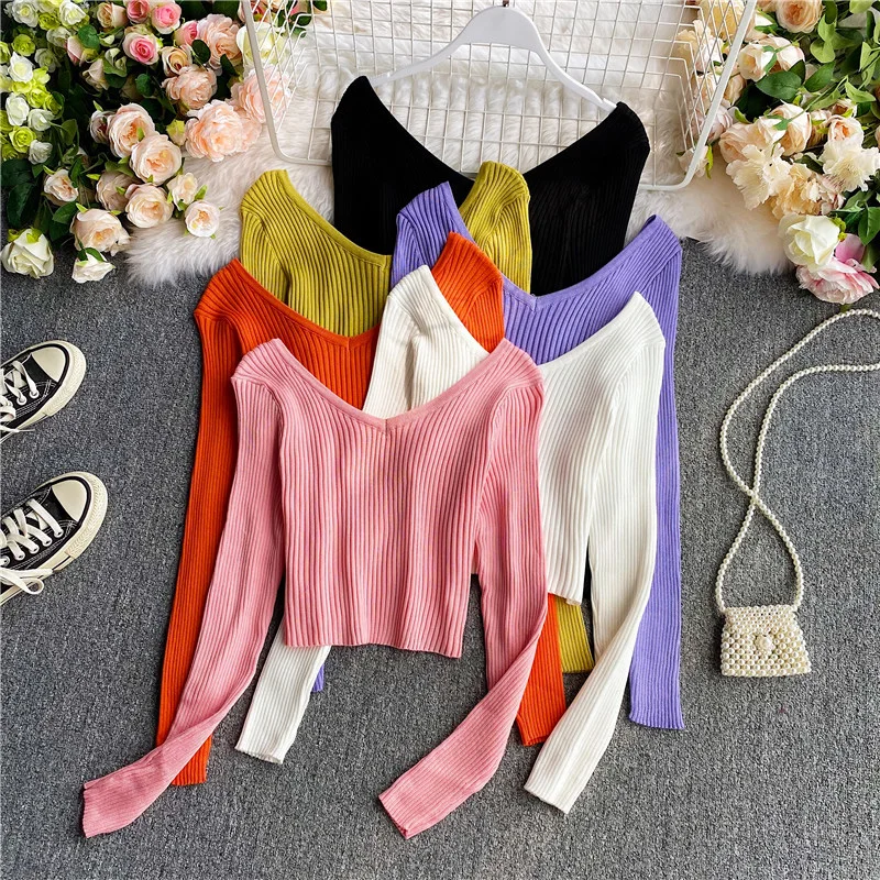 

Sweater Knit New 2023 Autumn Winter V-Neck Long Sleeve T-shirt Women's Underlay Bottom Fitted Top