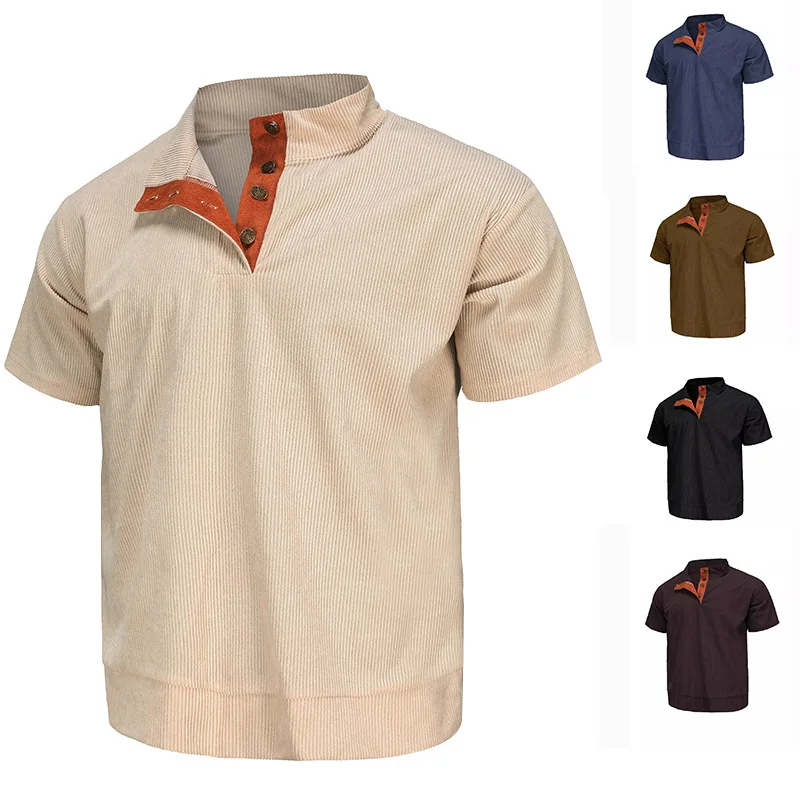 

Men's Independent Stand Shirt Corduroy Pullover Henley Shirt Men's Casual Short-Sleeved T-shirt