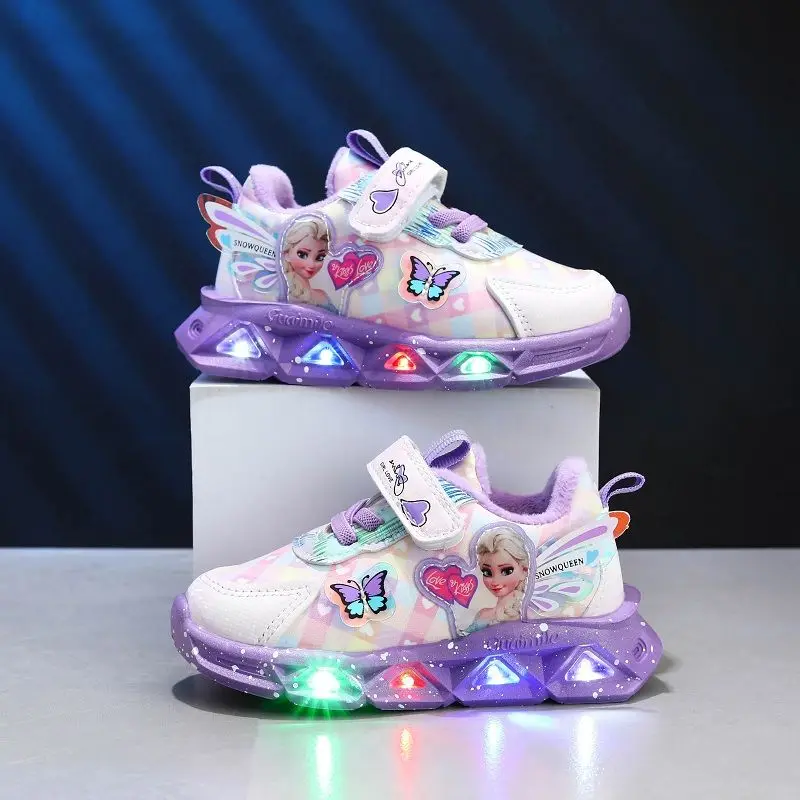 Disney LED Casual Sneakers per ragazze primaverili Frozen Elsa Princess Print scarpe in pelle Pu bambini illuminati antiscivolo rosa viola