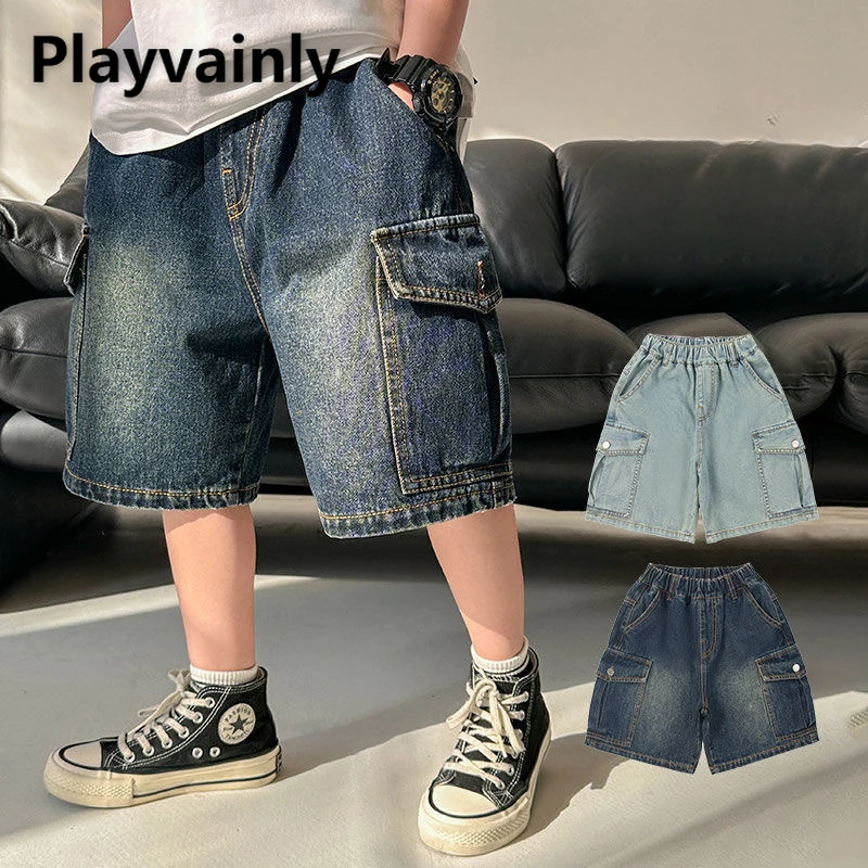 Kids Boys Cargo Denim Pants for Summer Dark Blue/Light Blue Big Pocket Loose Wide Leg Shorts Casual Children Short Pants A24607