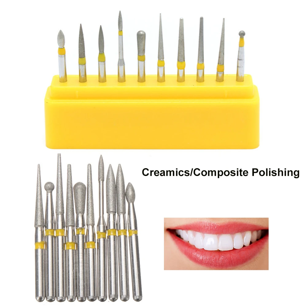 10Pcs/Kit Dental Diamond Burs For Teeth Porcelain Ceramics Composite