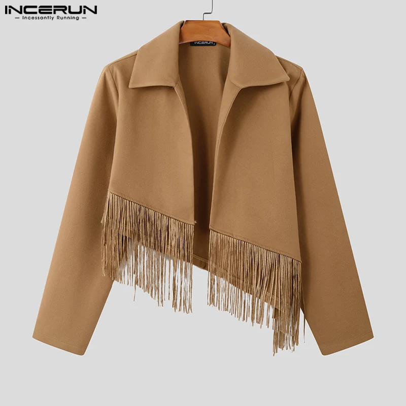 INCERUN Tops American Style Fashion Men's Diagonal Tassel Woolen Jackets Coat Casual Streetwear Male Solid Long Sleeved Jackets 5