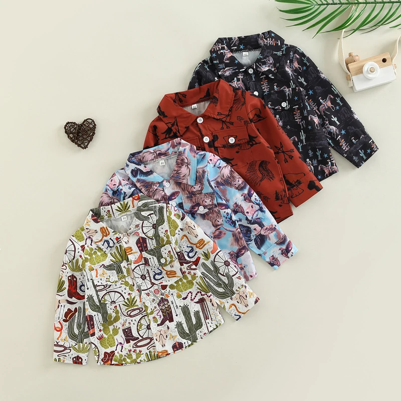 FOCUSNORM 0-5Y Toddler Kids Boys Shirts Tops 4 Style Long Sleeve Cartoon Animal Printing Single Breasted Coats Outwear