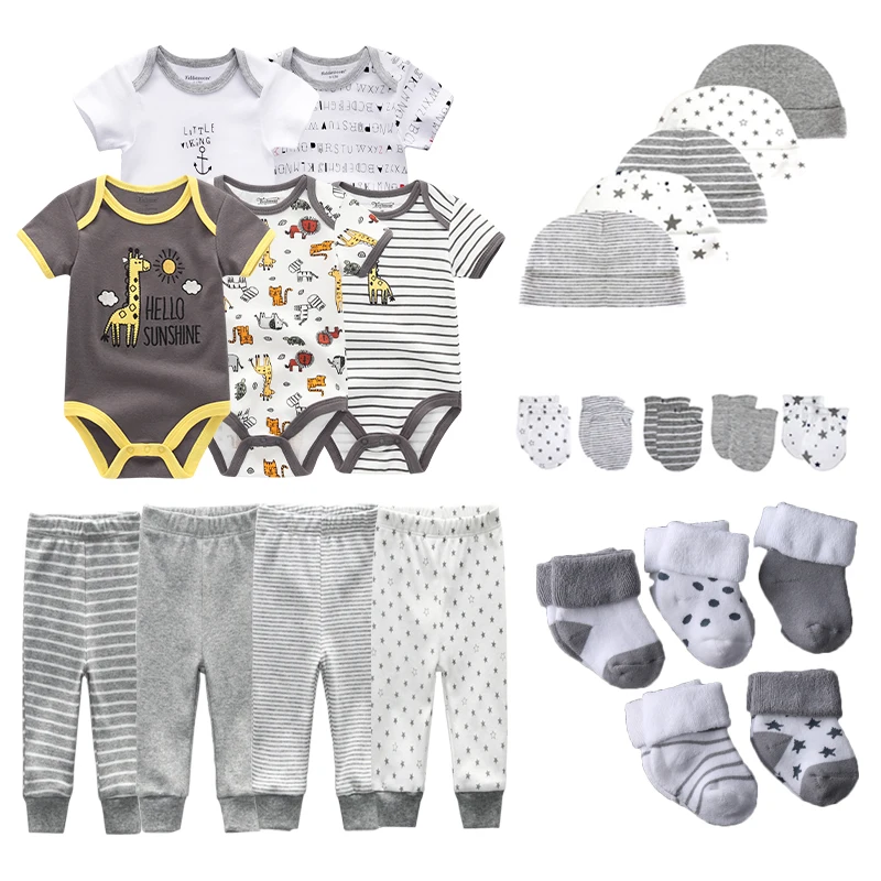 Unisex Baby Girl Clothes Newborn Gift Set 100%Cotton Solid Bodysuits+Pants+Gloves+Hats+Socks Short Sleeve Baby Boy Clothes baby clothing set essentials Baby Clothing Set