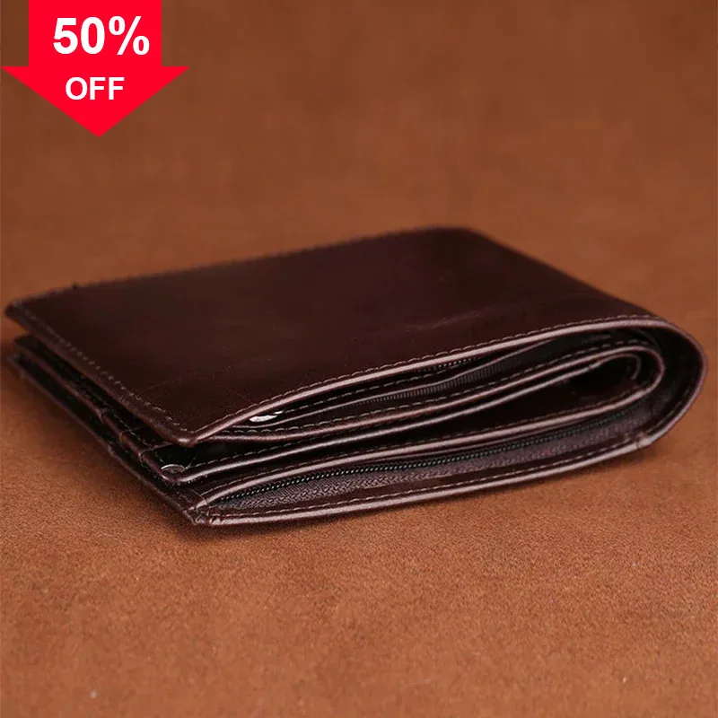 Oil Wax Cowhide Purse Wallets For Women & Men Vintage Famous Brand Pocket ID Cards Holder Coin Genuine Leather Short Wallet