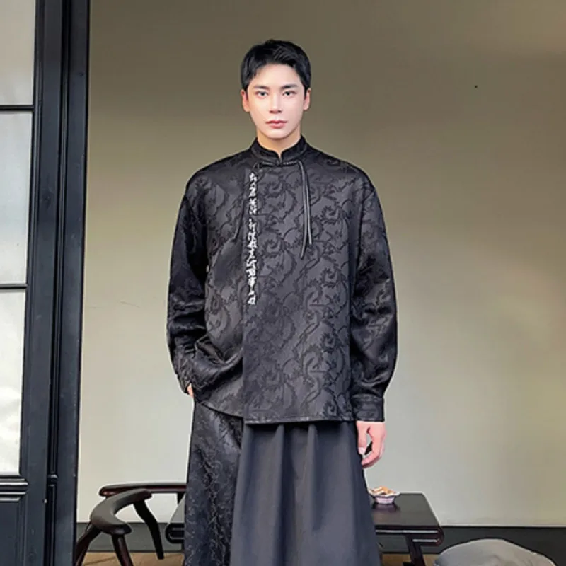

SYUHGFA New Chinese Stand Collar Shirts Men Button Dark Embroidery Calligraphy Cardigan Personality Male Clothing Casual Top