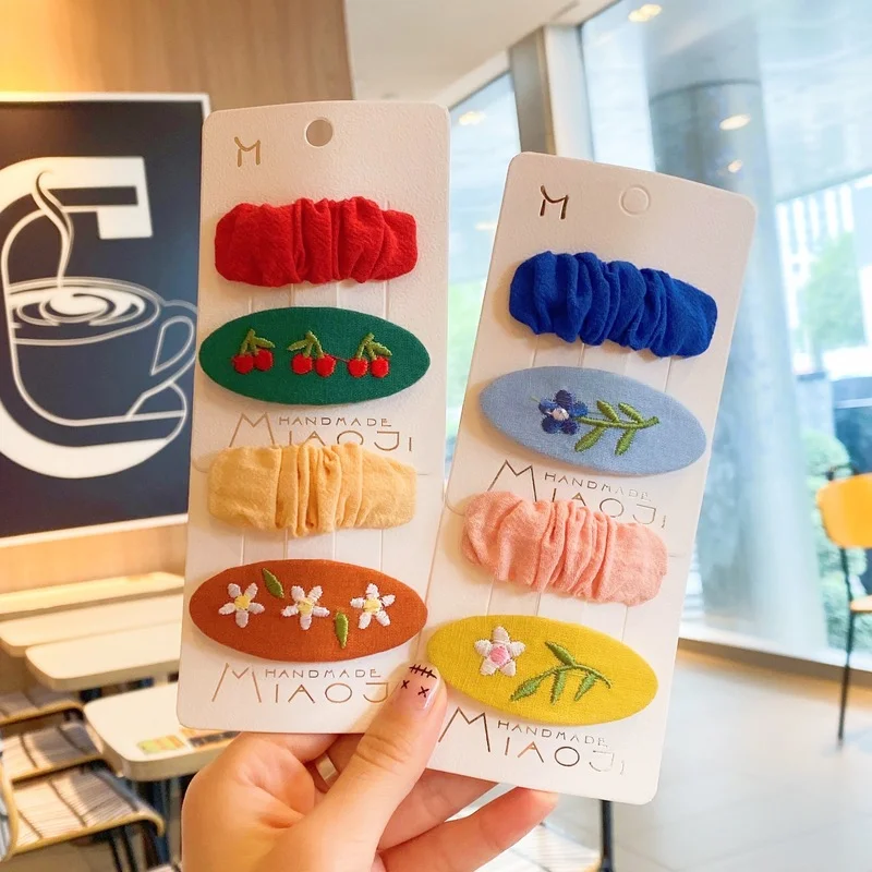 

Girls Embroidered Flower BB Clip Solid Color Fold Fabric Baby Hair Clip Simple Headdress for Children Fashion Hair Accessories