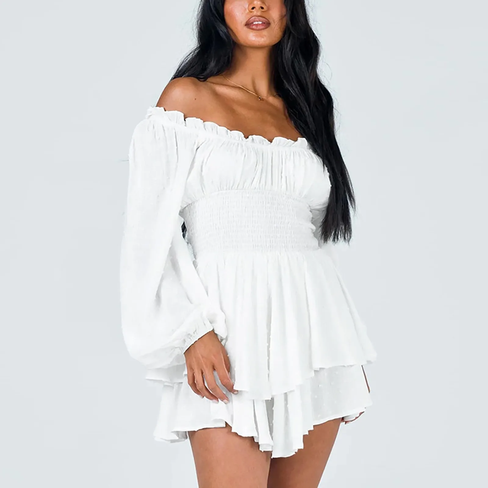 

Summer Dress For Women Ruffled Layered Chiffon Culottes Crew Neck Off Shoulder Swing Mini Dress Flowy Cotton Dress Solid Skirt