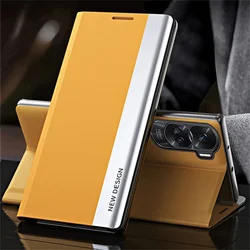 Premium Flip Leather Phone Case with Shockproof Kickstand and Plated Back Cover for Honor Magic5Lite (Yellow)