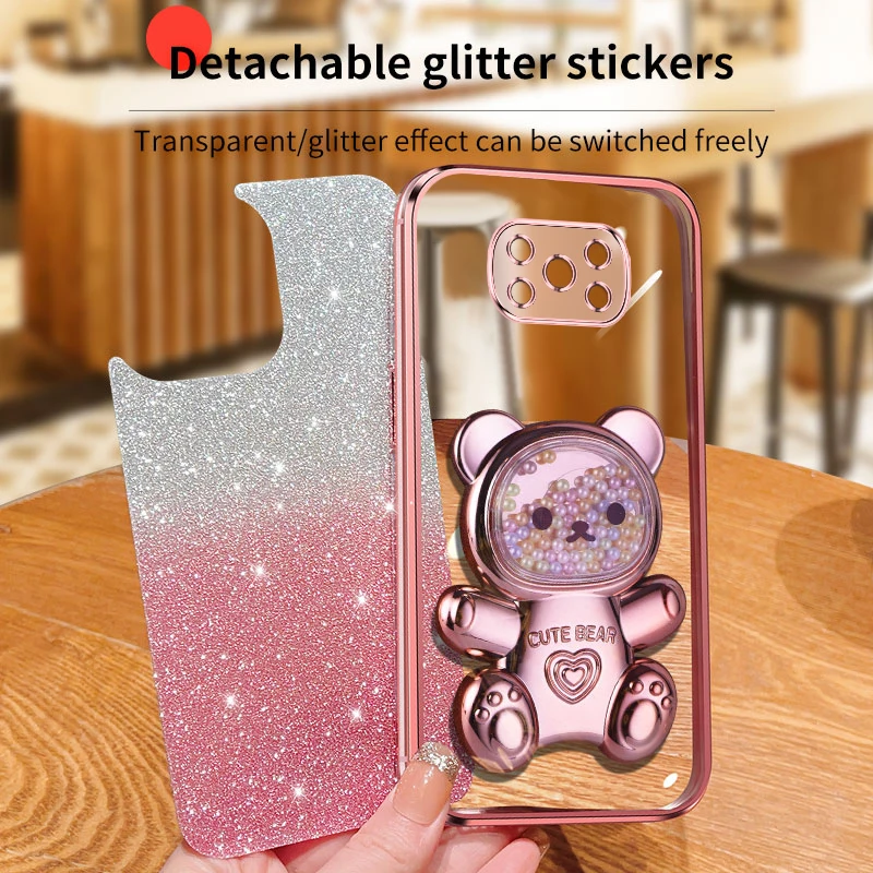 pokox3 x5 Quicksand Bear Glitter Holder Phone Case On For Xiaomi Mi Poco X5 GT NFC X3 M4 M3 M2 Pro Stand Cover F4 F5 F2_voghion.com