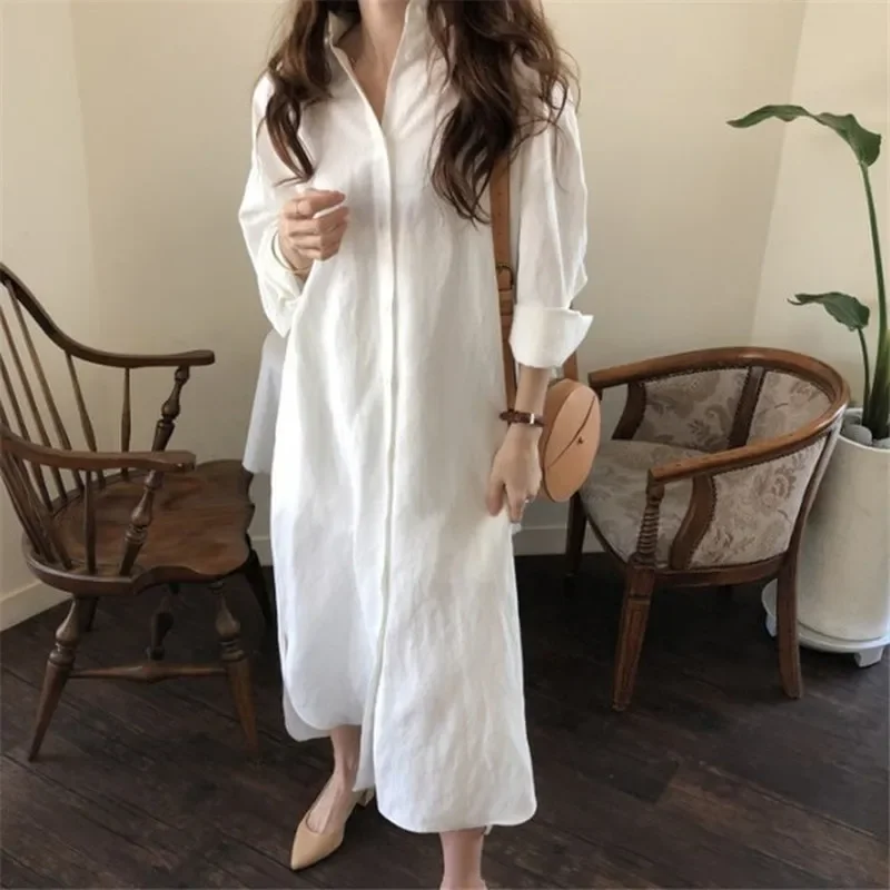 

2023 Elegant Autumn Long Maxi Dresses Women Button Down Shirt Dress Split Vestido Robe Vintage Long Sleeve Cotton Dress Oversize