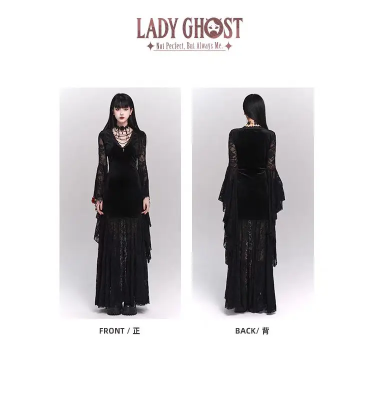 Gothic Black Midi Dresses Women V-neck Irregular Flrae Sleeve Y2k Vintage Lace Bandage Dark Style Harajuku Fashion Clothing New