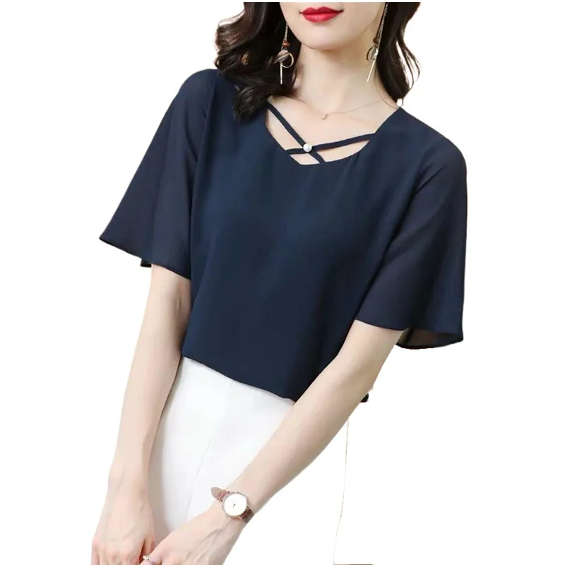 

New 2023 Summer Women lace up chiffon Blouses Vintage short Sleeve pearl button Female Shirts Blusas Chic Tops