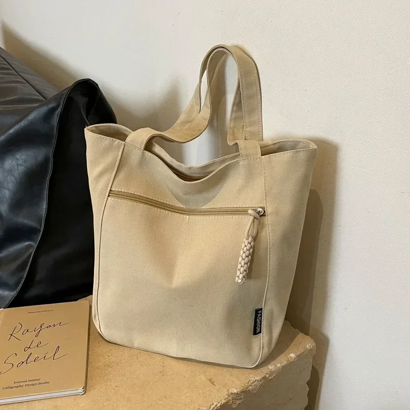 Winter Solid Vintage Canvas Shoulder Bag Fashion Leisure Art Student Handbag Large Capacity Commuter Women Tote Bag