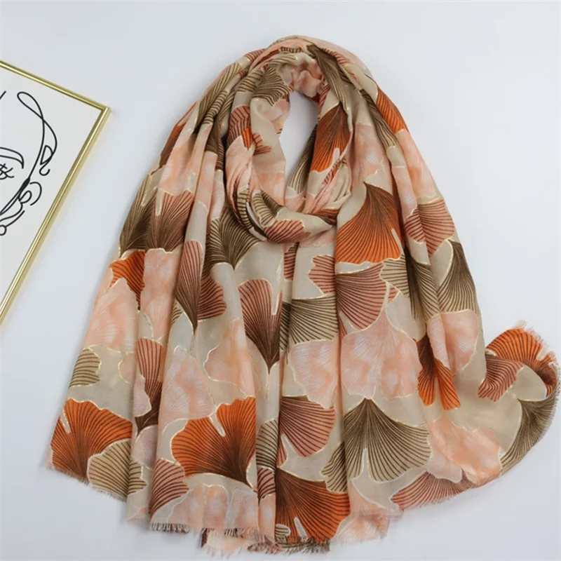 

180*90Cm Viscose Scarves for Women Fashion Gold Ginkgo Biloba Floral Shawls And Wraps Pashmina Stole Bufandas Muslim Hijab 2023