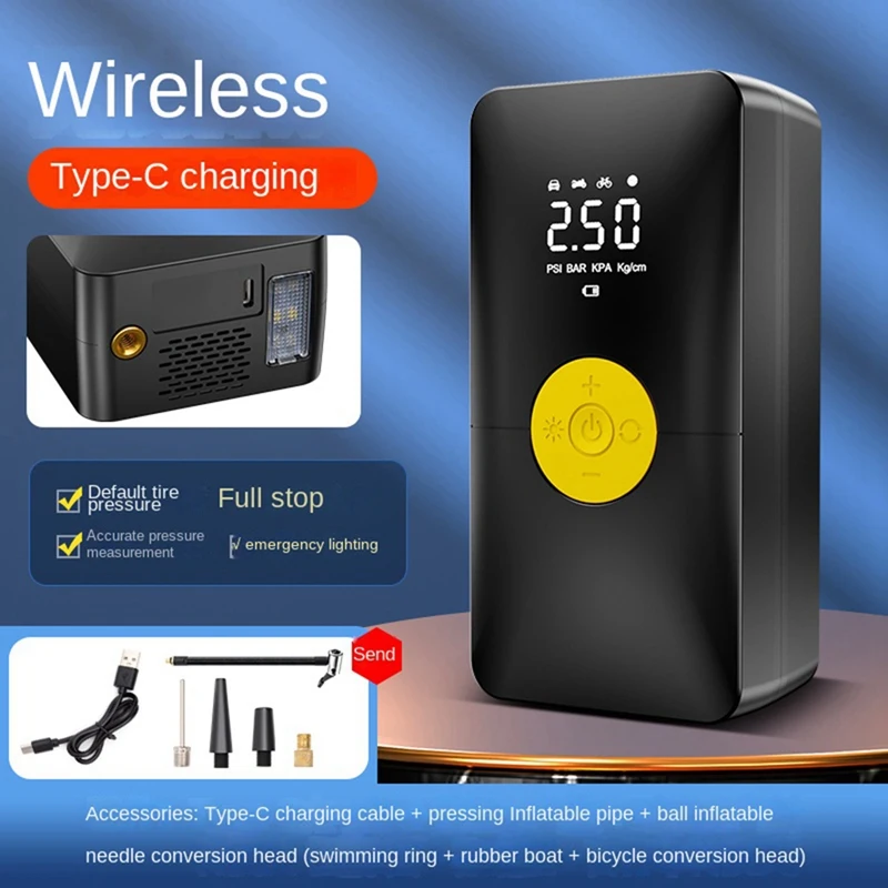 

Насос воздушный аккумуляторный для шин, портативный компрессор с разъемом Type-C, беспроводной, подходит для велосипедов