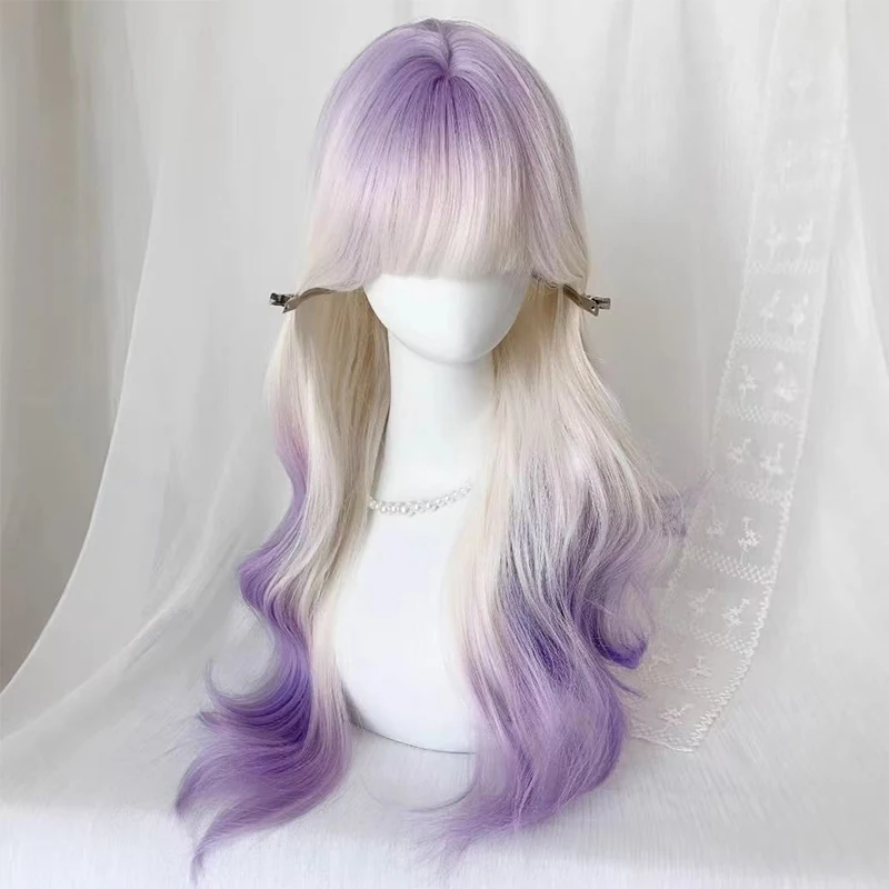 【 Violet 】 Female wig with long curly hair, big waves, milky white gradient purple, natural atmosphere, full head cover