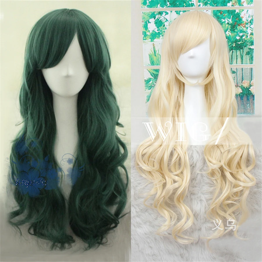 

My Hero Academia Izuku Midoriya Female 70cm Long Dark Green Cosplay Wig Katsuki Bakugo Blonde Curly Wavy Hair Wigs + Wig Cap