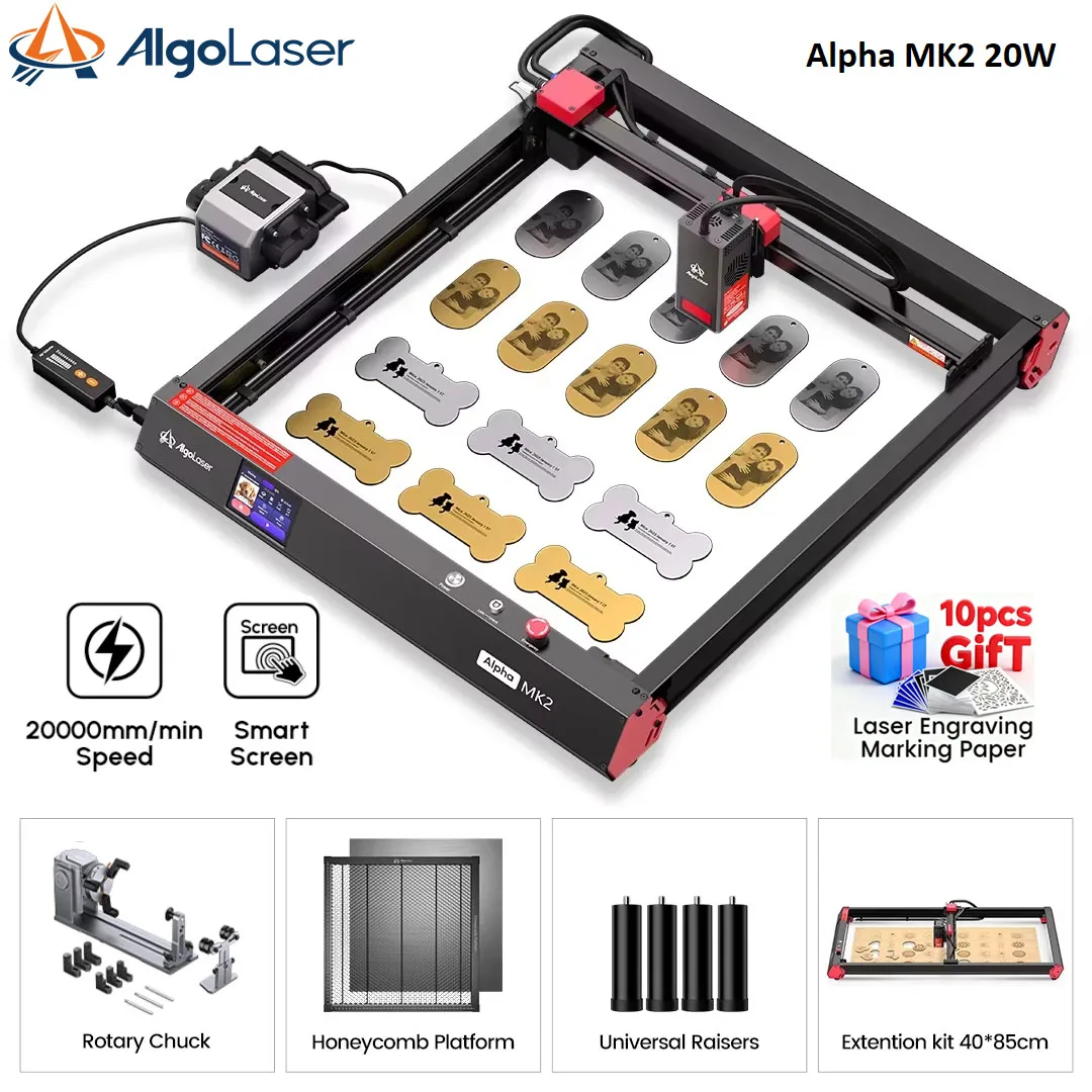 Máquina de grabado láser profesional AlgoLaser Alpha MK2 de 20W de salida con mayor precisión y bomba de aire para acero inoxidable, vidrio y bricolaje.