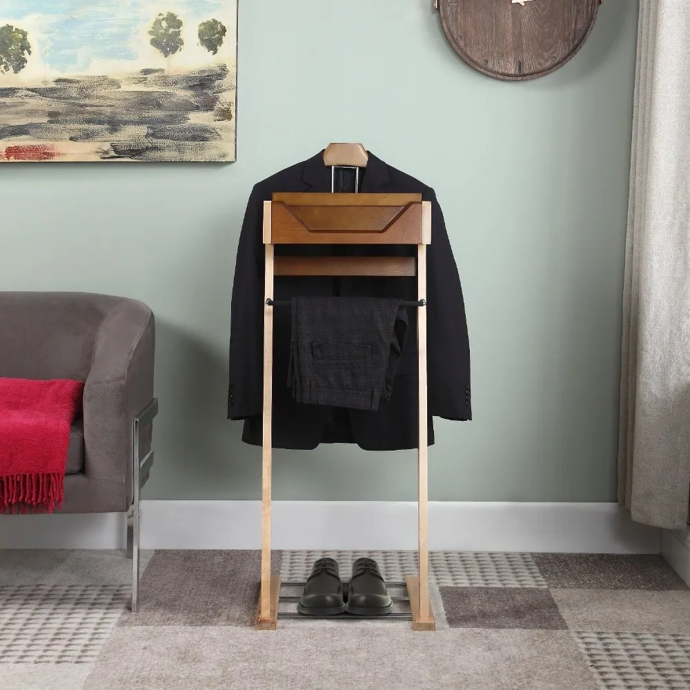 newport suite valet stand vl37034 with top tray, contour hanger, trouser bar, and shoe rack, 18" w x 16" d x 46" h, light walnu
