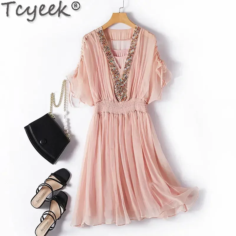 

Elegant Tcyeek Beach Womens 100% Mulberry Real Silk es Summer V-neck White Dress Women Clothing Special Offer