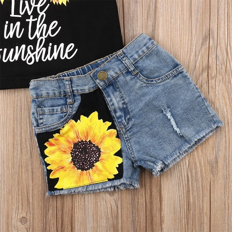 1-6 Years Toddler Girl Clothes Set Sleeveless Sunflower Letter Print Tank Tops with Denim Short Pants Summer Children's Sets kids clothing set girls clothing set