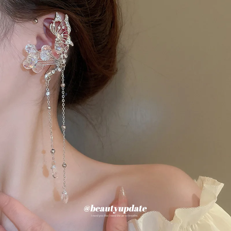 Crystal Flower Drop Tassel Earrings Niche Fashion Temperament Ear Hook No Ear Piercing Aesthetic Trending Jewelry Women 2022