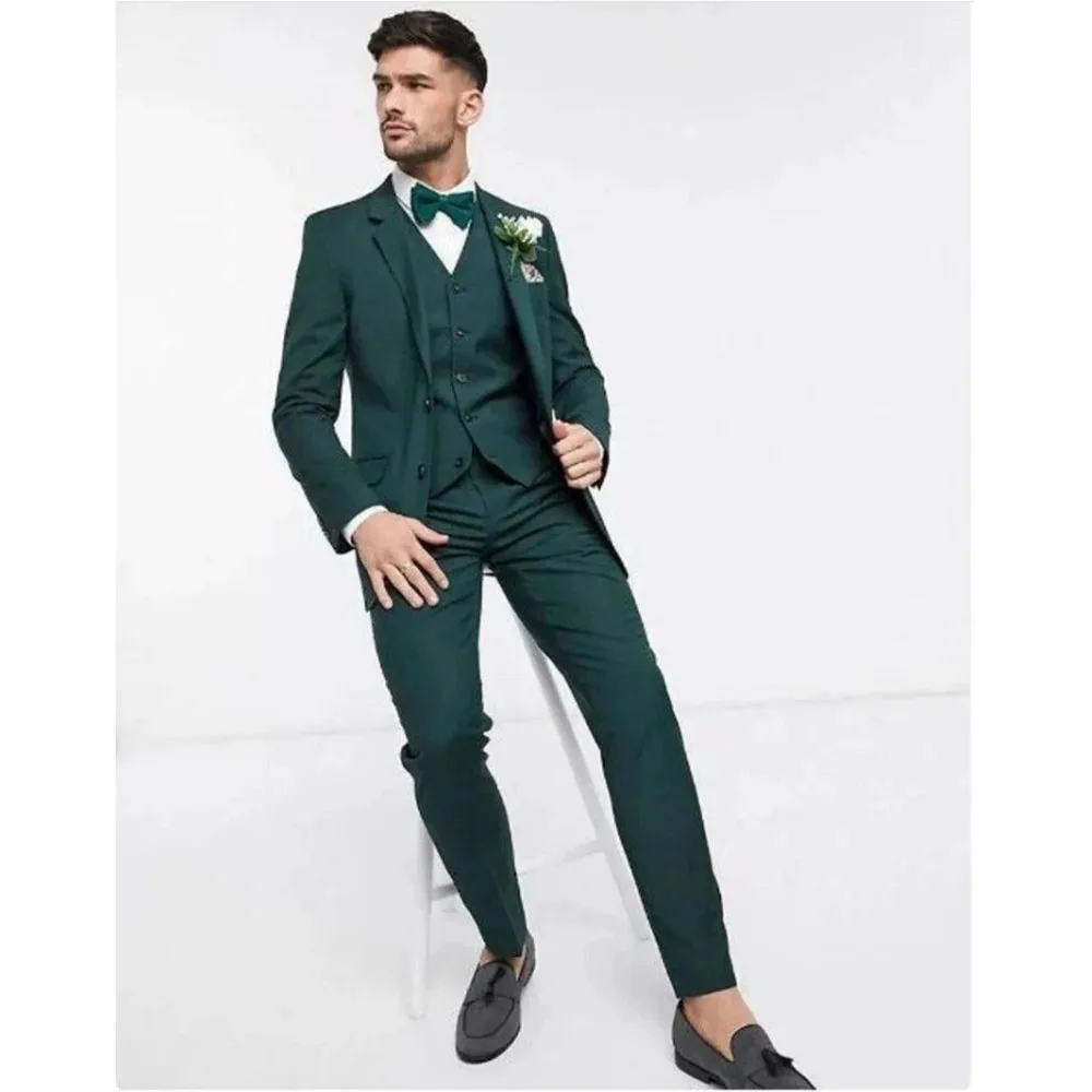 

Green Handsome Blazer 3 Piece Jacket Pants Vest Full Set Single Breasted Notch Lapel Elegant Groom Clothing Wedding Men's Suits