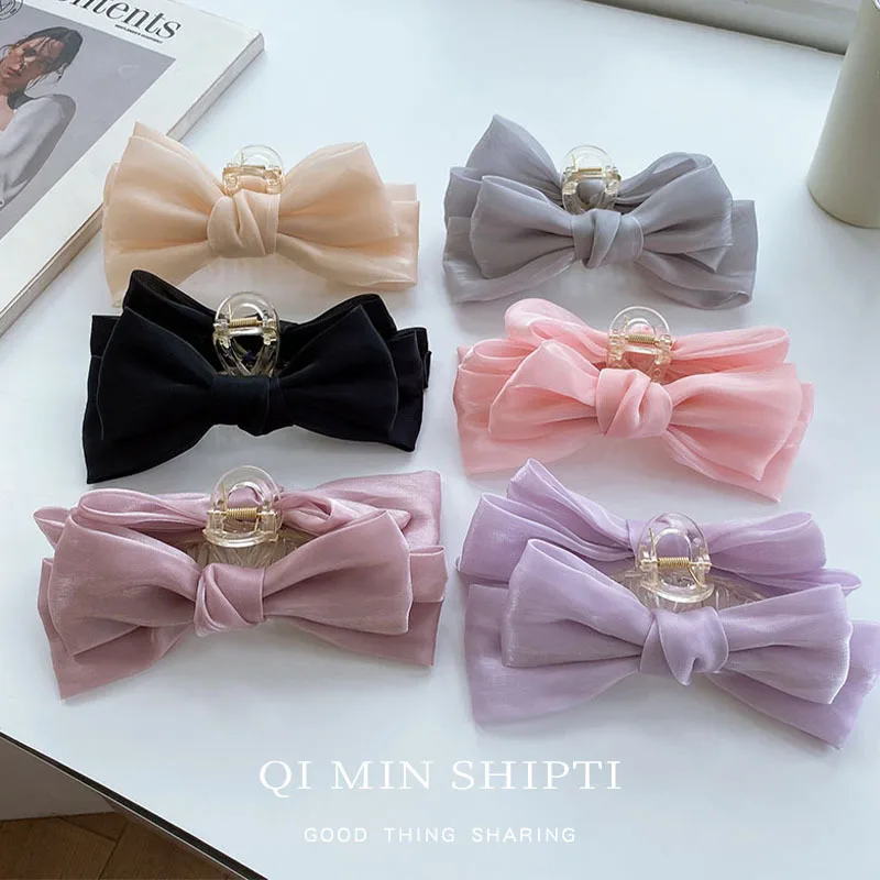 

Colorful Elegant Oversized Double Sided Bow Hair Claw Accessories Girls Solid Color Cross Bow Ponytail Shark Clip Headwear