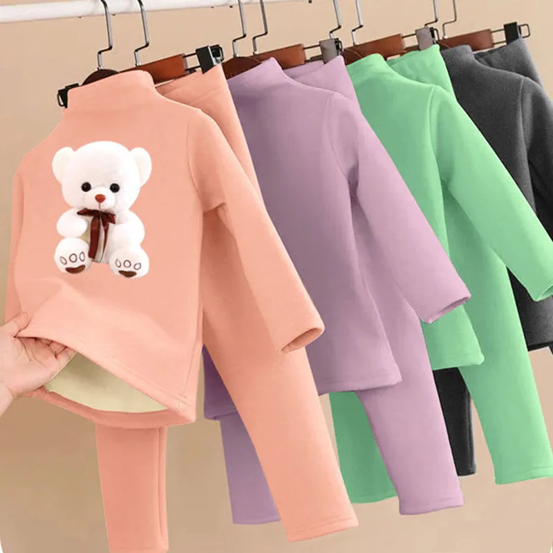 Children Velveteen Underwear Suit Winter Warm Bear Print Long Sleeve Tops Conjuntos Boys/Girls Leggings Pants 2 Piece Sets