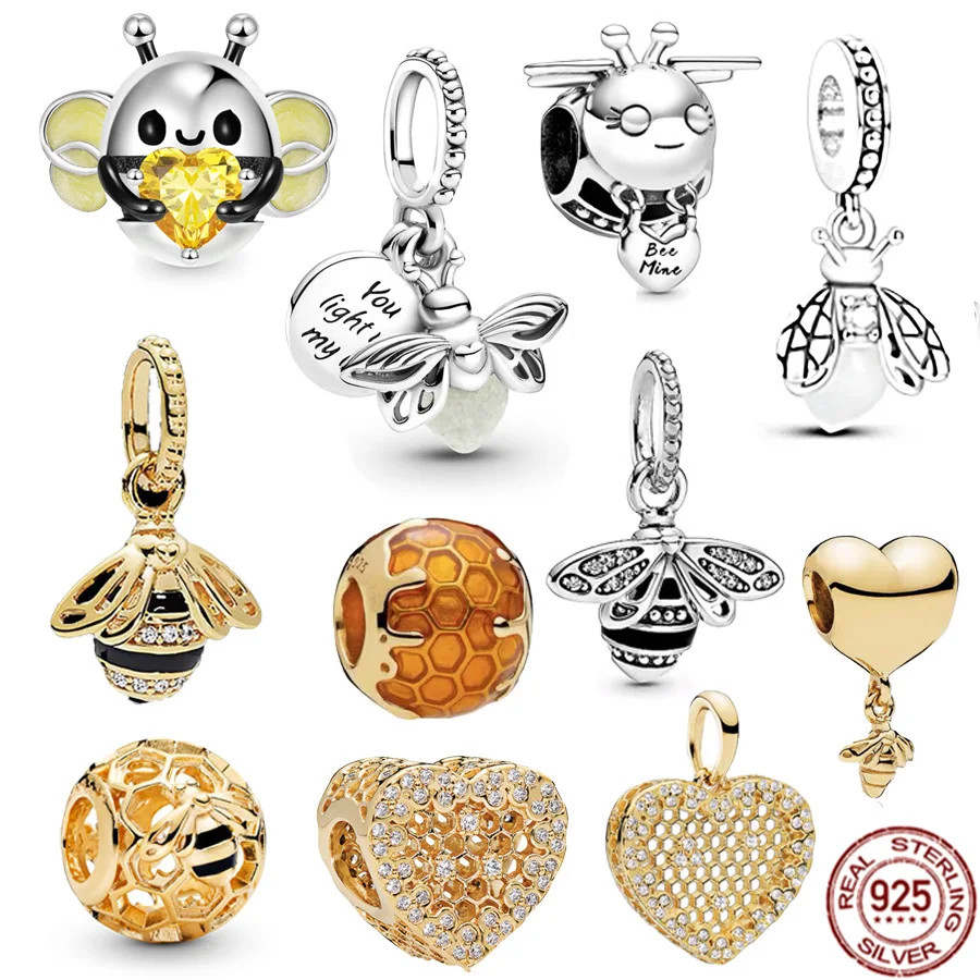 

Hot Sale Original Bee Embraces Heart Gem Charm Gold plated Bee Pendant Bead Fit Pandora Bracelet 925 Sterling Silver DIY Jewelry