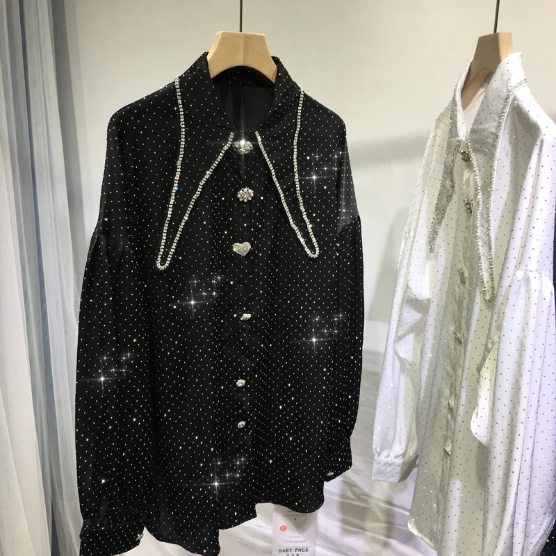 

Blingbling Hot Drilling Women Shirts Luxury Full Drill Turn-down Collar Loose Long Sleeve Blouses Spring Autumn Buckle Top Black