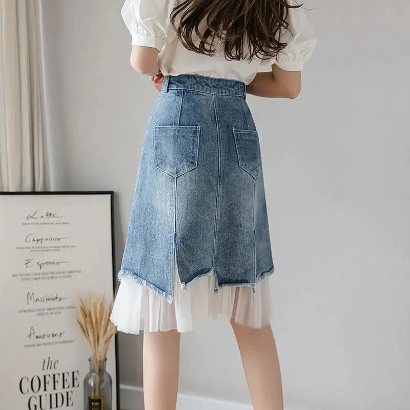 Faldas Split Denim Skirt Women's Ropa De Mujer Skirts Summer New Y2k High-Waisted Slimming Mesh Patchwork Irregular A-Line Skirt
