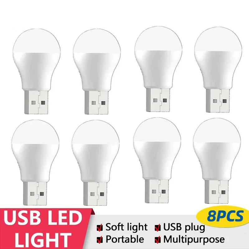 8pcs USB LED Night Light Mini Reading Lamp Portable Computer Mobile Power Charging Book Light