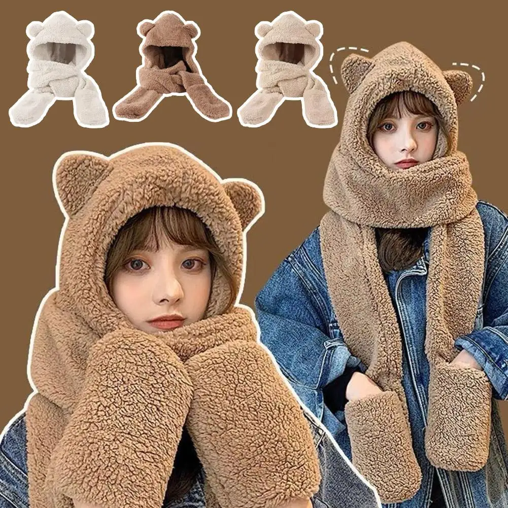 Cute Bear Ear Hat Fashion Winter Warm Comforts Polyester Thickened Plush Hoodie Hat Scarf Gloves Set Girl Kawaii Warm Casual