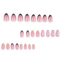 Faux ongles amande rose nude imprimés à pois, 24 pièces, ongles français jaunes/rouges à presser, manucure DIY estivale, faux ongles portables 3