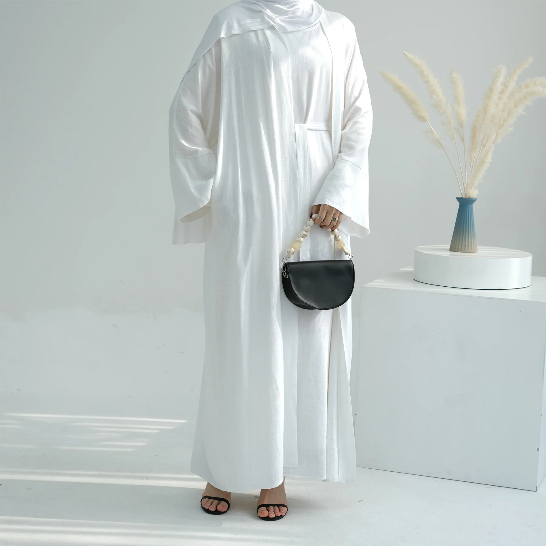 Linen Abaya Sets for Women 2 Piece Kimono with Inner Dress Matching Outfit Muslim Set Abayas Dubai Turkey Ramadan Islam Clothes