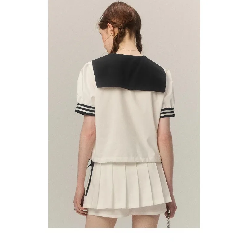 QWEEK Kawaii Preppy Sailor Collar Shirt Woman Vintage Sweet Loose Blouse Japanese Style Summer Harajuku Fashion Streetwear 2024