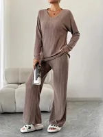 Autumn Winter 2 Pieces Pajamas Set for Women Sleepwear V-neck Ribbed Knit Tops and Trousers Homewear Casual Outfits - Image 3