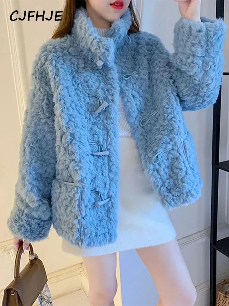 CJFHJE Casual Blue New Winter Lamb Cashmere Coats Women Loose Stand Collar Pink Outerwear Solid Color Thickened Faux Fur Jackets