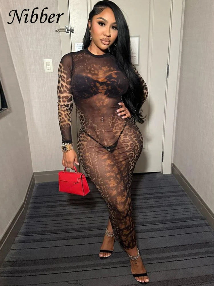 Nibber Leopard Print Dress Women See Through Coquette Full Sleeve o-Neck Fall Trend Midnight Party Clubwear Stretch Vestidos 5