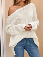 New ebay Europe and the United States solid color loose diagonal collar long sleeve knit top Amazon autumn and winter sweater fo 1