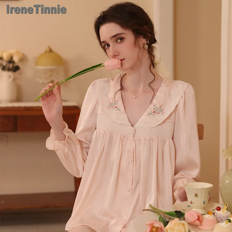 

IRENE TINNIE New Spring Autumn 2 Pices Pajamas set Ice Silk Sleepwear Lapel Floral Sweet Fashion Pijama Mujer Women's Dress