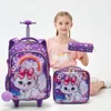3PCS Set Rolling Backpack For Girls, Cute Cartoon Cat Sequin Design Wheeled Bags With Lunch Box And Pen Bag-Pink And Purple 1