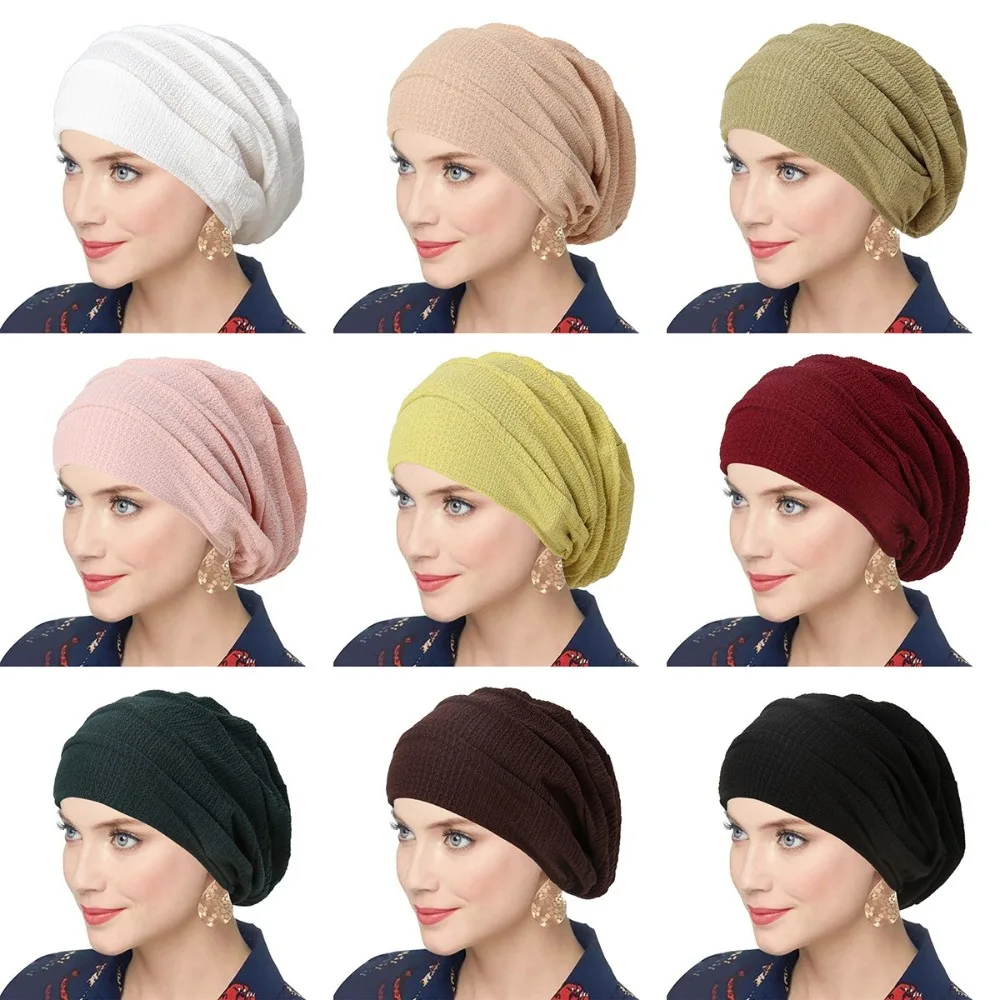 Trendy Solid Color Women Crinkle Hijab Turban Soft Elastic Chemotherapy Cap Polyester Head Scarf