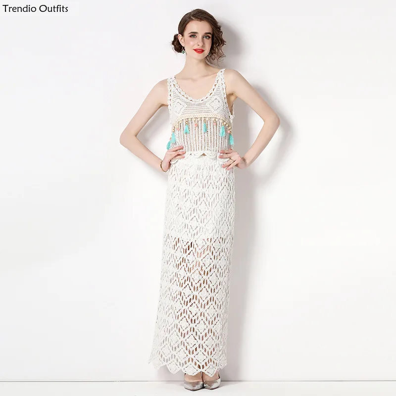 Trendio Women's Knitted Sleeveless Vest Hollowed Out Long Skirt Spring Beach Skirt Elegant 2-piece Set for Women Slim Fit Dress